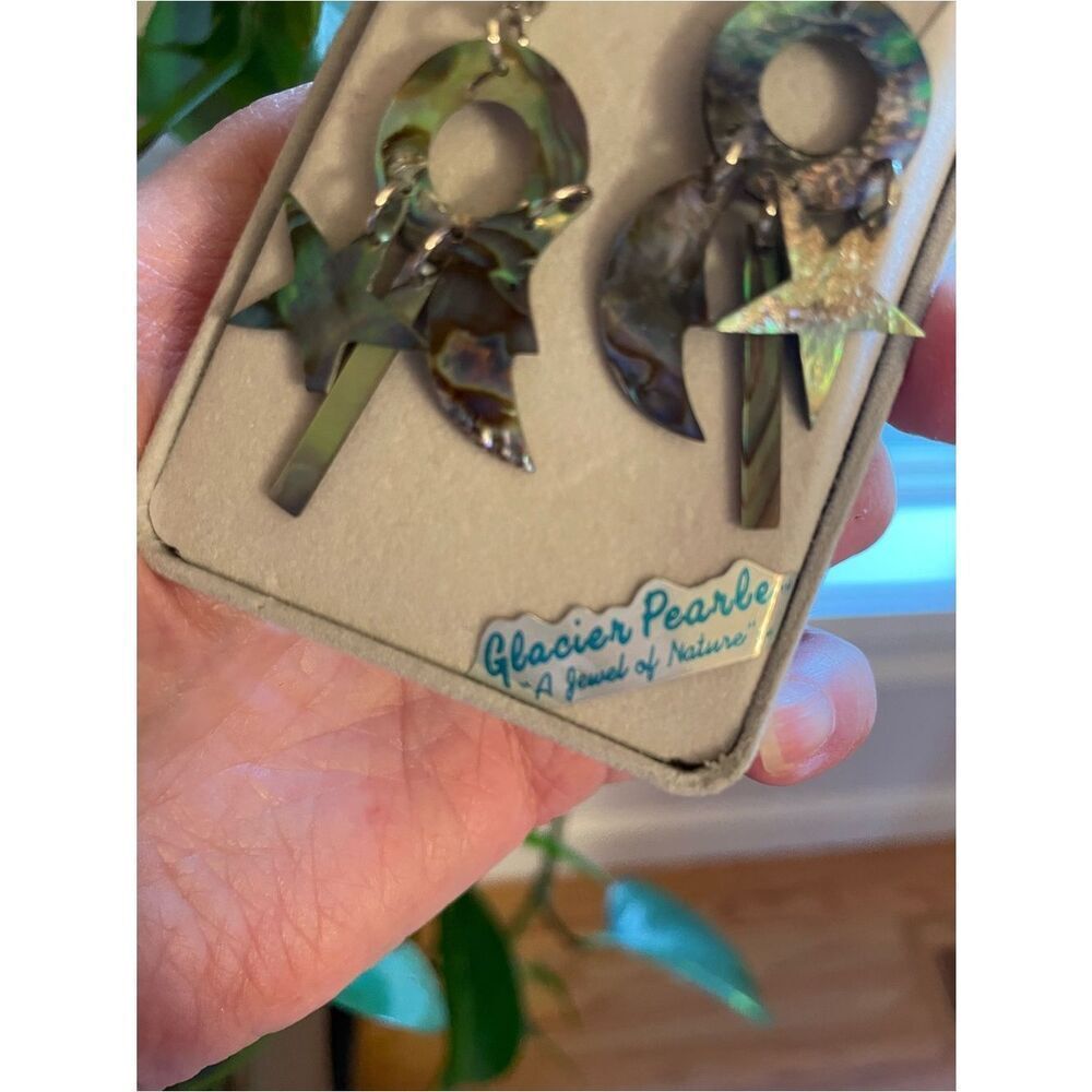 Abalone Glacier Pearls Shell Celestial Moon & Star Dangle Earrings - Picture 11 of 13